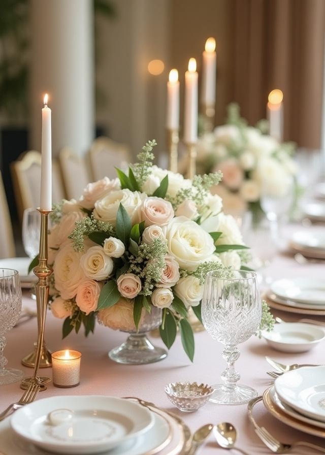 Elegant dukning för bröllop med blomsterarrangemang.
